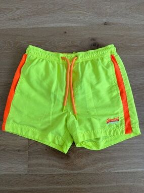 Superdry Neon Yellow Men's Athletic Shorts with Orange Accents